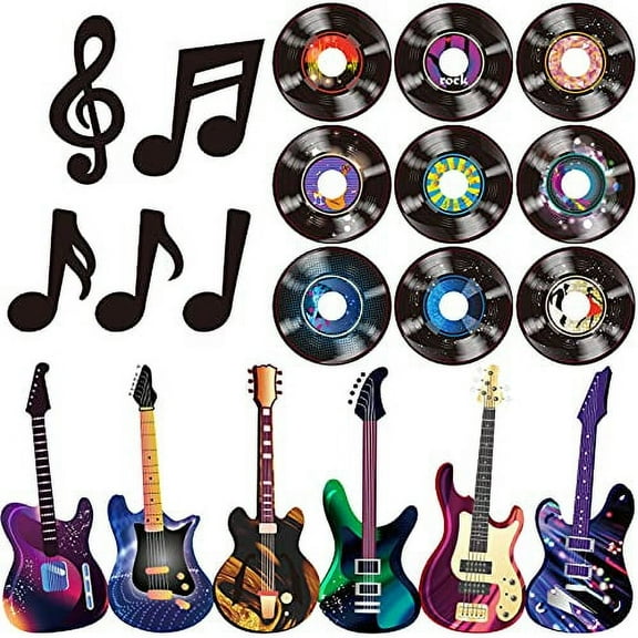 40 Pieces Music Party Decorations Musical Notes Silhouettes Record Cutouts Rock and Roll Record Cutouts Guitar Cutouts 50's Theme Party Baby Shower School Bulletin Board Craft Decor