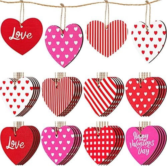 40 Pieces Valentine's Day Tree Decoration Pink Red White Wooden Heart Hanging Ornaments Love Striped Plaid Heart Tags with String for Valentines Embellishments Craft Home Office Wall Decor