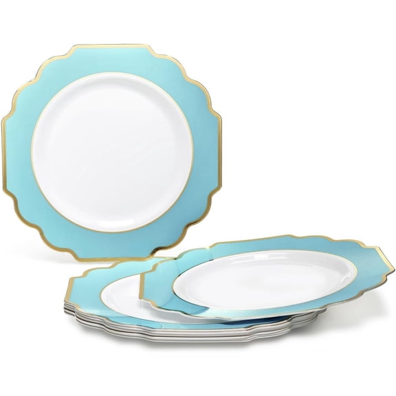 40 Plates Pack, Heavyweight Disposable Wedding Party Plastic Plates (10.5'' Dinner Plate, Imperial Aqua & Gold)J. Imperial Aqua & GoldA. Dinner Plate