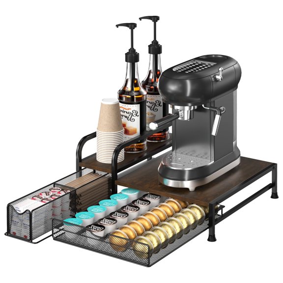 40 Pod Coffee Bar Organizer Drawer with Syrup Rack and Storage Basket