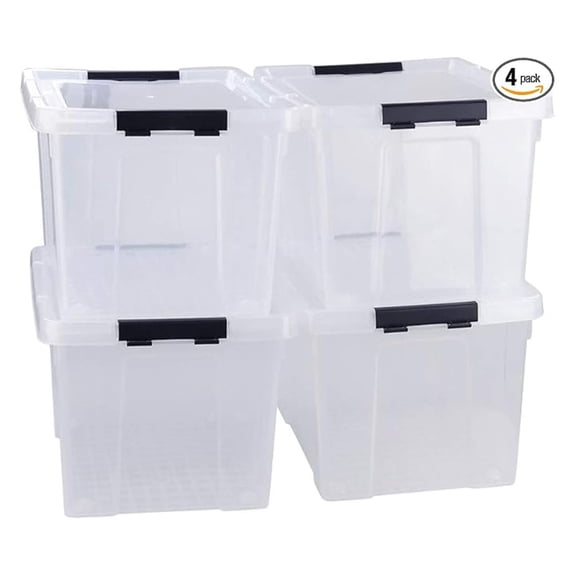 40 Quart Clear Plastic Storage Box with Lid and Wheels, Large Storage Bin, 4 Packs