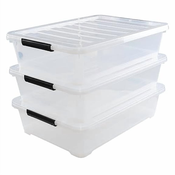 40 Quart Clear Plastic Underbed Storage Bins, Large Plastic Latching Storage Boxes with Wheels, 3 Packs