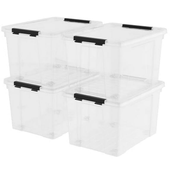 40 Quart Plastic Clear Latching Bin with Lid, Plastic Storage Box with Wheels, 4 Packs