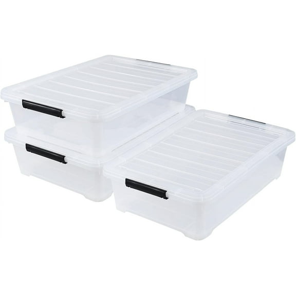 40 Quart Plastic Underbed Storage Box, Large Clear Shallow Box with Wheels Set of 3