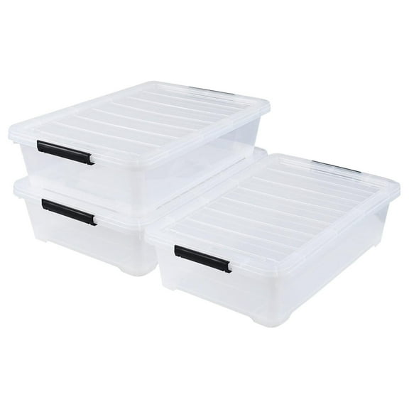 40 Quart Plastic Underbed Storage Box, Large Clear Shallow Box with Wheels Set of 3