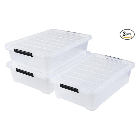 40 Quart Plastic Underbed Storage Box, Large Clear Shallow Box with Wheels Set of 3