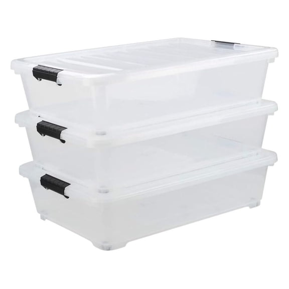 40 Quart Plastic Wheels Under Bed Storage Box, Bin with Lid, Clear, 3-Pack