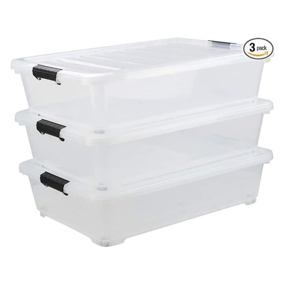 40 Quart Plastic Wheels Under Bed Storage Box, Bin with Lid, Clear, 3-Pack