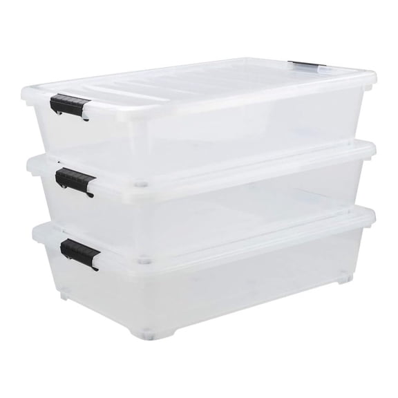 40 Quart Plastic Wheels Under Bed Storage Box, Bin with Lid, Clear, 3-Pack