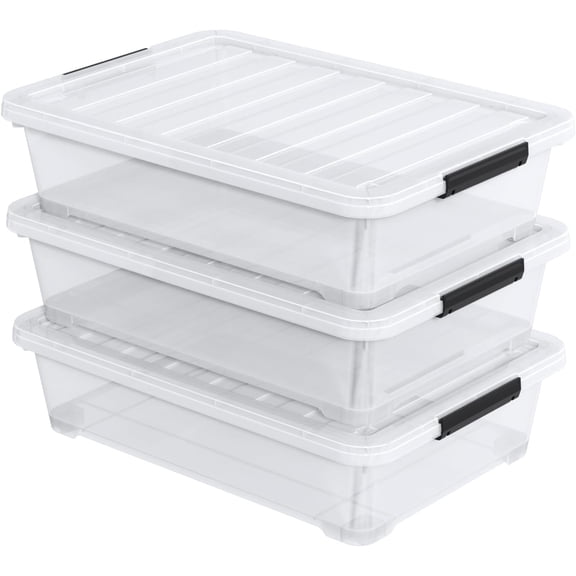 40 Quart Under Bed Plastic Storage Bins with Wheels, 3 Packs Clear Large Storage Container Box with Lids