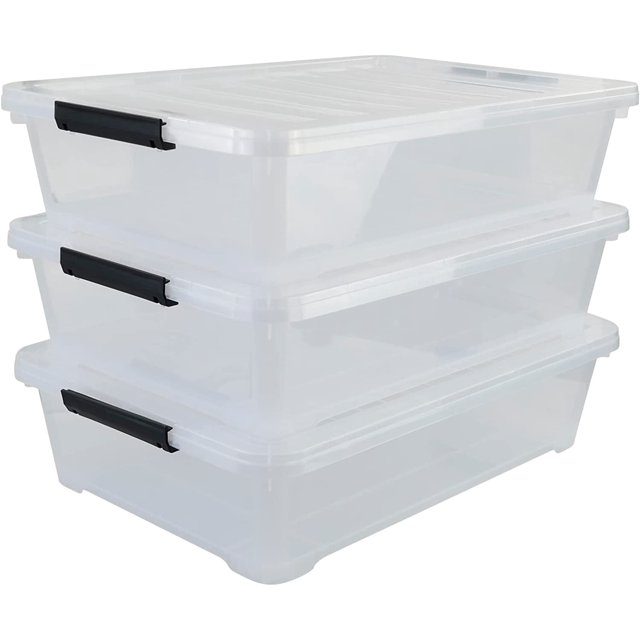 40 Quart Under Bed Storage Bin with Wheels, 3 Packs Large Flat Latch