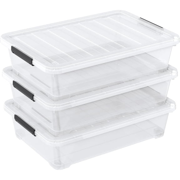 40 Quarts Clear Stackable Underbed Box, Shallow Underbed Bins with Wheels Set of 3
