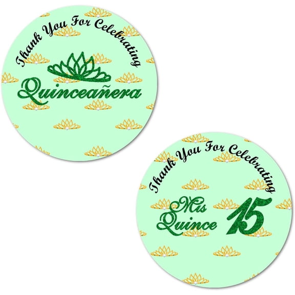 40 Quinceanera Stickers, 2 Inch Big Round Glossy Labels, Thank You for Celebrating Mis Quince 15 Birthday Theme, Great for Party Favors, Tags, Games and Supplies (Green)