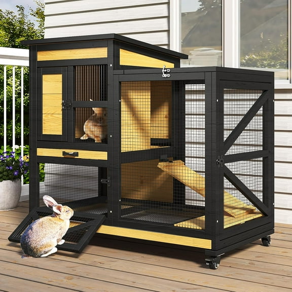 40'' Rabbit Cage Bunny Cage Indoor, Outdoor Chicken Coop for Small Animals, 2-Story Wooden Guinea Pig Cages with Wheels & 2 Deeper No Leak Trays, Waterproof Openable Roof & Bottom Wire Mesh
