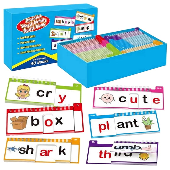 40 Read and Rhyme Flip Books, Phonics Word Family Build Book Learn to Read Phonics Flash Cards, Flash Cards Kindergarten Reading Books, Flip Book Word Games for Preschool Learning Activities