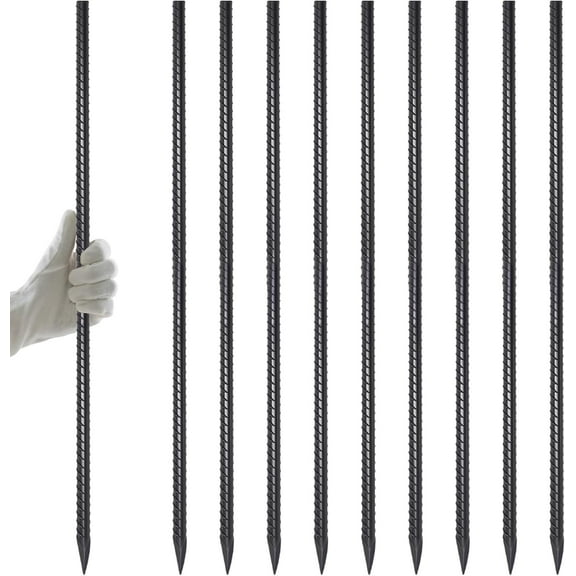 40" Rebar Stakes 1/2" 10 Pcs, Straight Ground Stakes Heavy Duty Landscpe Timber Spikes with Chisel Point End for Cement, Concrete Form, Plant Support, Black