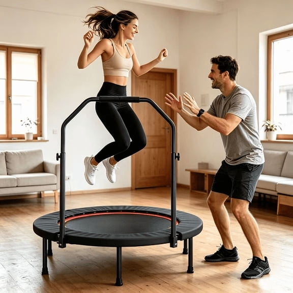 40" Rebounder Trampoline for Adults - 350LBS Heavy-Duty Foldable Mini Trampoline, Fitness Trampoline w/ 3-Level Adjustable U-Bar Handle, Stable Quiet Exercise Equipment for Indoor & Outdoor Exercise