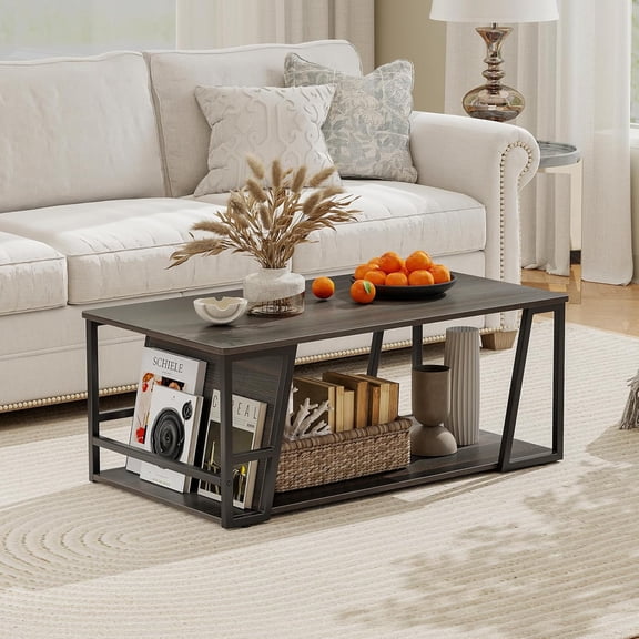 40" Rectangular Coffee Table with Storage, Industrial Wood Center Table with Trapezoidal Metal Frame, Espresso