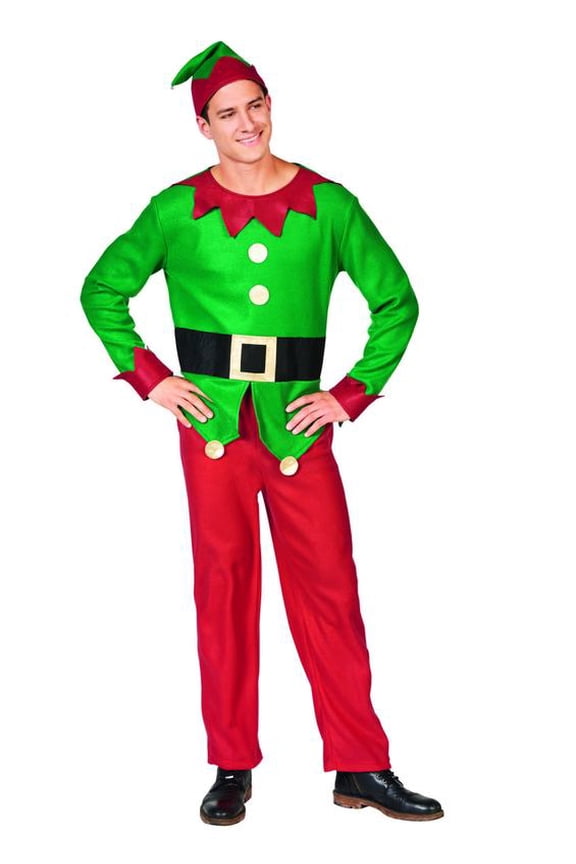 40" Red and Green Men's Elf Costume With a Christmas Santa Hat - Standard Size