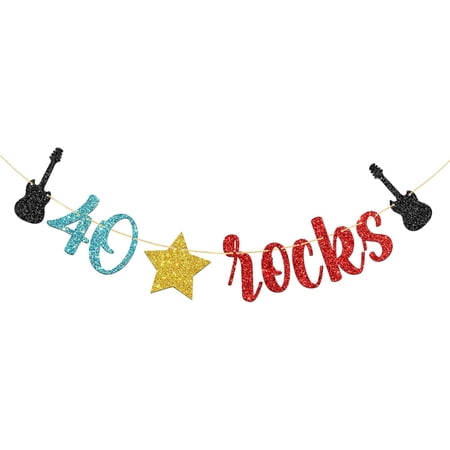 40 Rocks Multicolor Glitter Banner with Guitar & Star, Rock N Roll 40th Birthday Party Supplies
