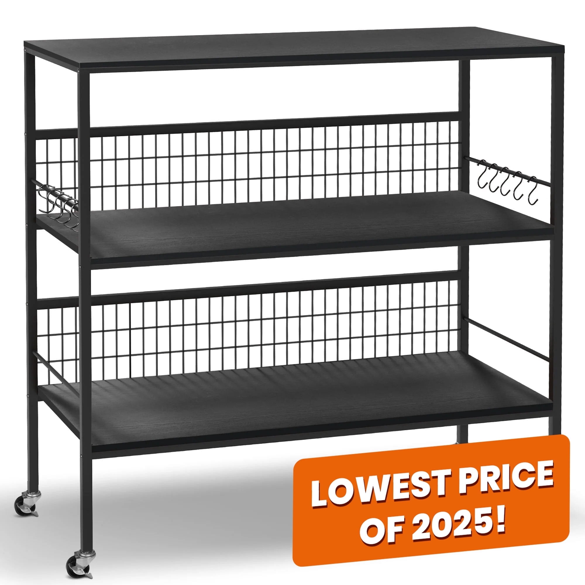 40" Rolling Kitchen Cart Island with Wheels and Storage Shelves, Copedvic 3-Tier Kitchen Bakers Rack Microwave Cart Oven Stand with 10 Hooks, Black