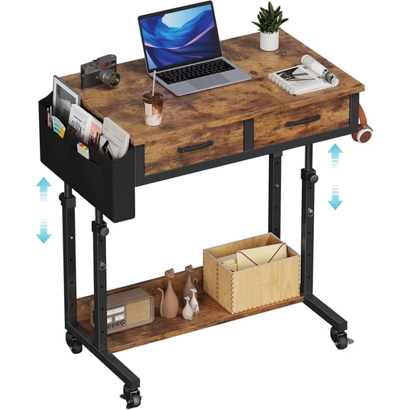 40" Rolling Standing Desk Adjustable Height with Drawers, Mobile Stand Up Computer Desk on Wheels, Sofa Side Laptop Table with Storage for Home Office Bedroom, Rustic Brown