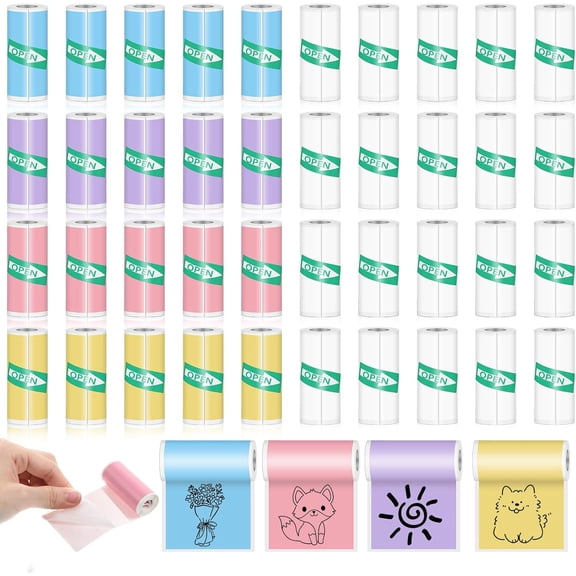 40 Rolls Mini Printer Thermal Sticker Paper, Self-Adhesive Thermal Printer Paper 20 Rolls of White & 20 Roll of Colour for Pocket Inkless Portable Printers to Print Photo To-do Lists Note