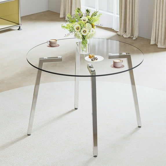 40" Round Coffee Table, Round Dining Table with Transparent Tempered Glass Tabletop and Metal Legs, Modern Circle End Table for Kitchen Living Room