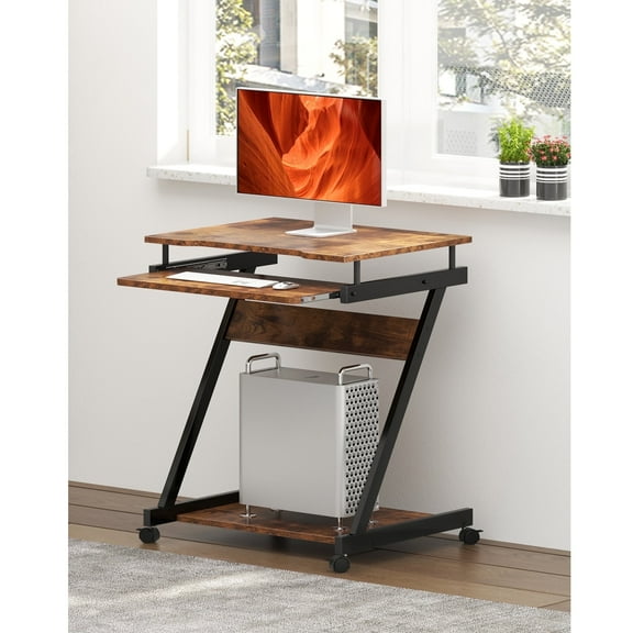 Soges Z-Type Laptop Desk Mobile Standing Laptop Cart Small Workstation with Keyboard Tray Work Stand for Small Space, Walnut
