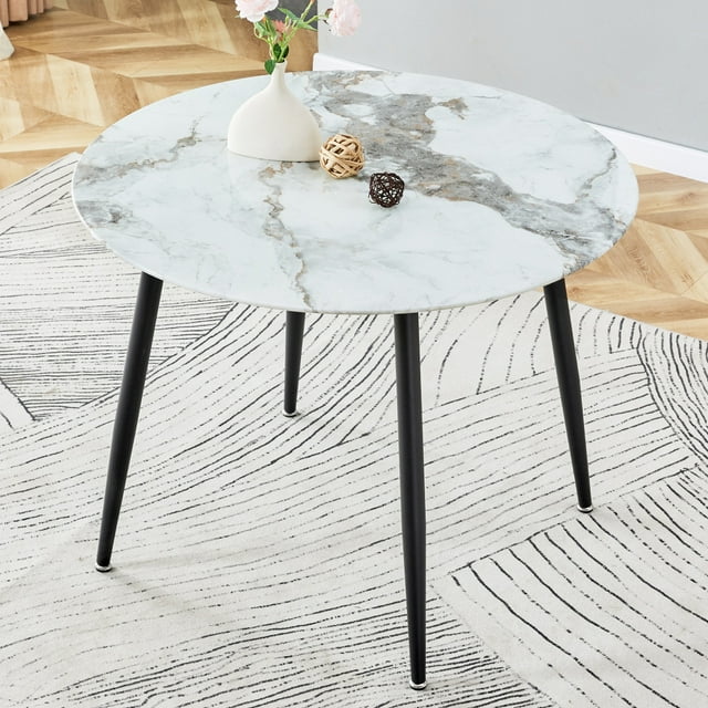 40" Round Glass Dining Table, Faux Marble Coffee Table with Metal Legs
