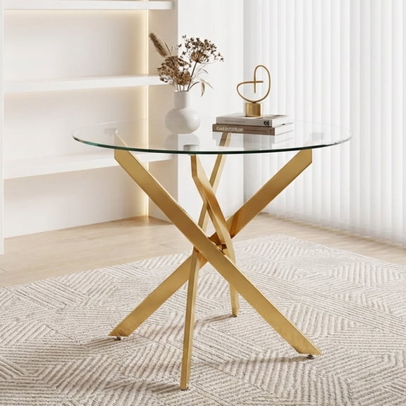 35" Round Glass Dining Table, Paproos Dining Table for 4, Kitchen Table with Gold Plated Metal Legs, Minimalist Glass Dining Room Table for Kitchen, Gold(Only Table)