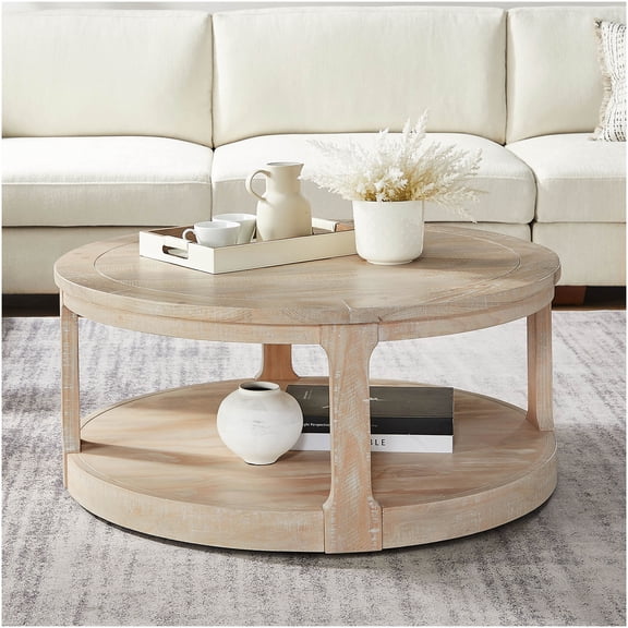 40" Round Two-Tier Coffee Table with Wheels, Solid Wood & MDF Rustic Oak Finish for Living Room & Office