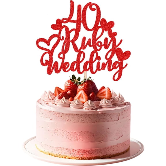 40 Ruby Wedding Cake Topper, 40th Ruby Anniversary Cake Toppers, Happy Anniversary Cakes Topper, HSC 1Pc Glitter Red 40 Ruby Years Cakes Pick Decoration for Bridal Shower Wedding Party Decor Supplies
