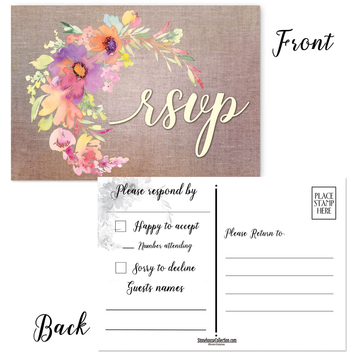 40 Rustic Floral RSVP Postcards - Reply Postcards are 4 x 6 inches