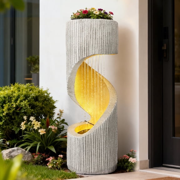 40" S-Shaped Outdoor Water Fountain, Freestanding Spiral Garden Fountain with LED Lights & Pump, Indoor/Outdoor Resin Waterfall Feature for Patio, Yard, Balcony or Home Decor
