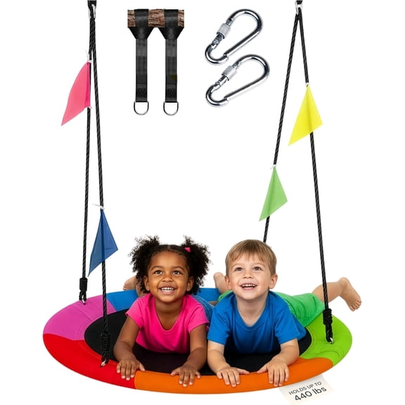 40" Saucer Swing for Kids Outdoor - Tree Swing Set Summer Fun, 440 lb Capacity - Multicolor 600D Oxford Fabric & Adjustable Ropes, Straps & Carabiners