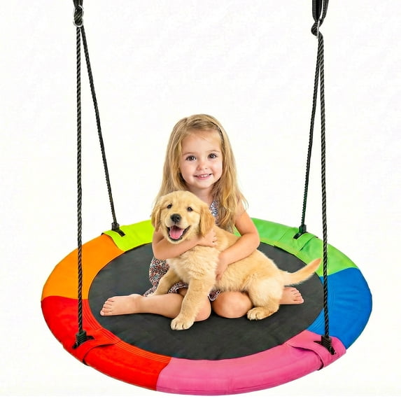 40" Saucer Tree Swing for Kids Outdoor, SEGMART 900Lb Weight Capacity, Waterproof Swing Seat with Adjustable Hanging Straps for Children Playground Backyard, Round Swing, Rainbow