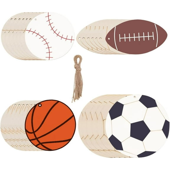 40 Set 4 Styles Wood Sports Cutouts Unfinished Wood Football Cutout 40Pcs Ball Slices 40Pcs Twines Baseball Basketball Wooden Hanging Ornaments for DIY Project Sport Themed Party Decorations Colorful