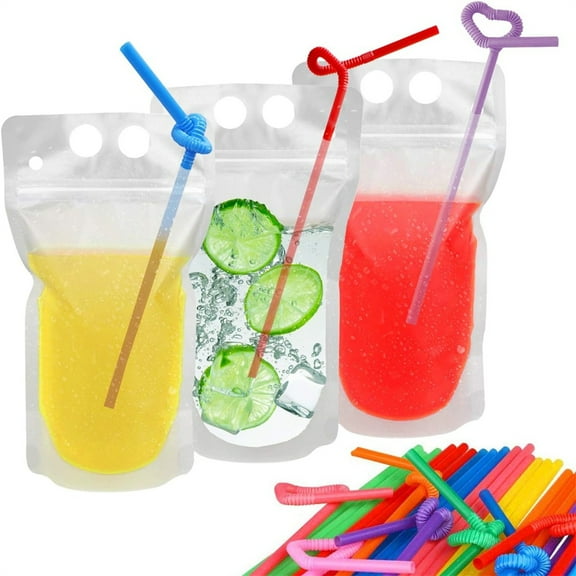 40 Set/80Pcs Zipper Drink Pouches with Long Straws,Hand-held Smoothie Bags,Disposable Plastic Straws,Stand-up Juice Pouches,Frosted Translucent Design,for Birthday Summer Party By HXRH