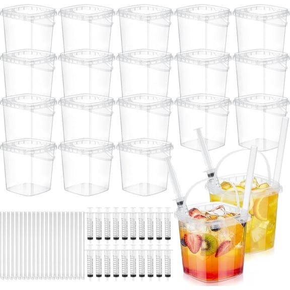40 Set Disposable Drink with Lids and Straws, 33.8 oz Mini Cocktail Bucket Cups with Handle and Beverage Syringes, Clear Plastic Party Drink for Cocktails, Beer