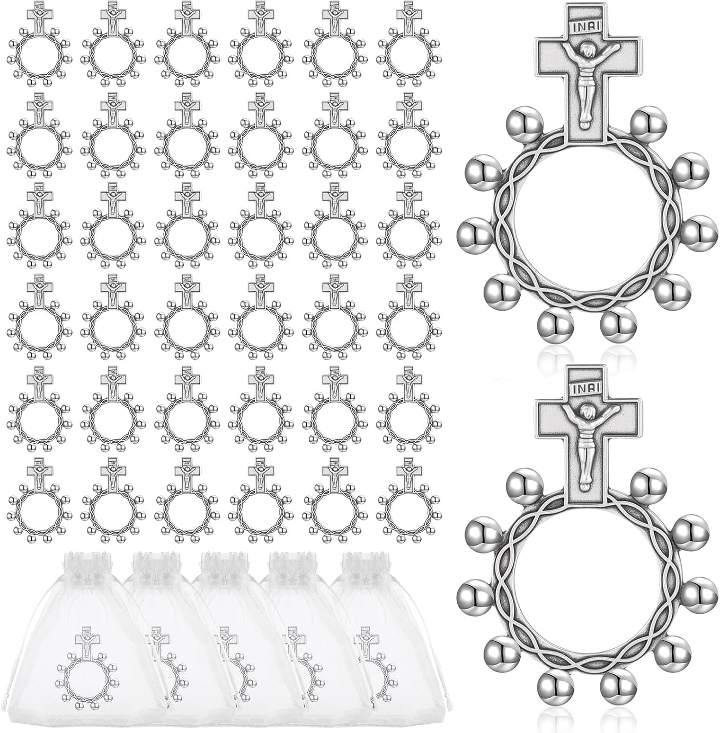 40 Set Finger Rosary Rings Bulk Silver Metal Rosary Rings Pocket Finger Rosaries Small Pocket Cross Prayer Catholic Rin-gs with Organza Bags for Baptism Favors Baby Shower Quinceanera Funeral
