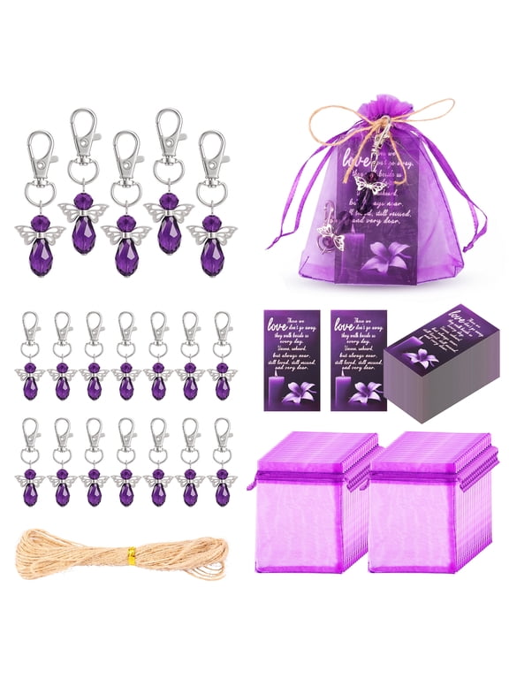 40 Set Funeral Favors for Guests,Celebration of Life Favors Angel Keychain Organza Bags Sympathy Thank You Tags for Funeral Memorial Party,Purple