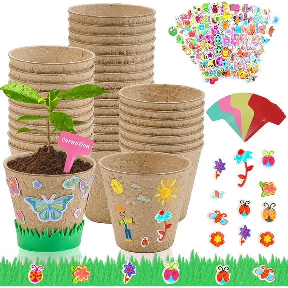 40 Set Garden Paper Pot Craft Kit,40Pcs Round Paper Mache Pots Peat Plant Pots with 400pcs Adhesive Foam Stickers & 40Pcs Pots Labels,Flower Plant Spring Craft for DIY Flower Planting