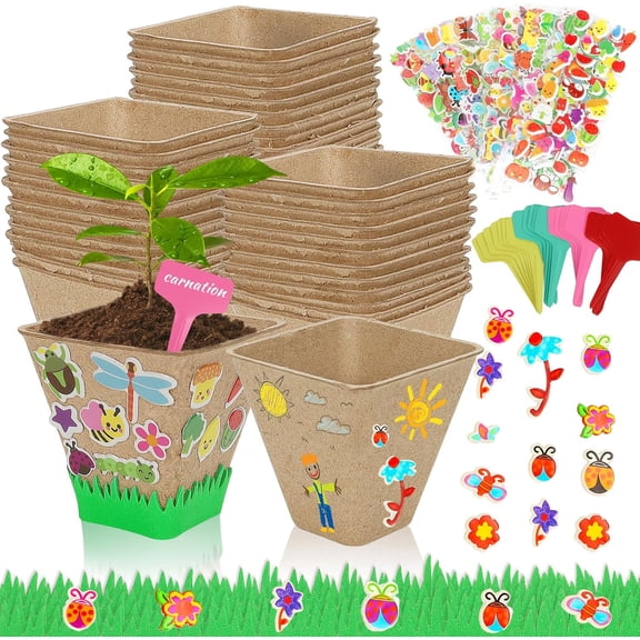 40 Set Garden Paper Pot Craft Kit,40Pcs Square Paper Mache Pots Peat Plant Pots with 400pcs Adhesive Foam Stickers & 40Pcs Pots Labels,Flower Plant Spring Craft for DIY Flower Planting