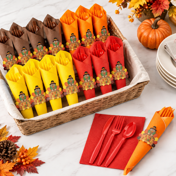 40 Set Pre-Rolled Thanksgiving Disposable Plastic Cutlery with Napkins and Rings