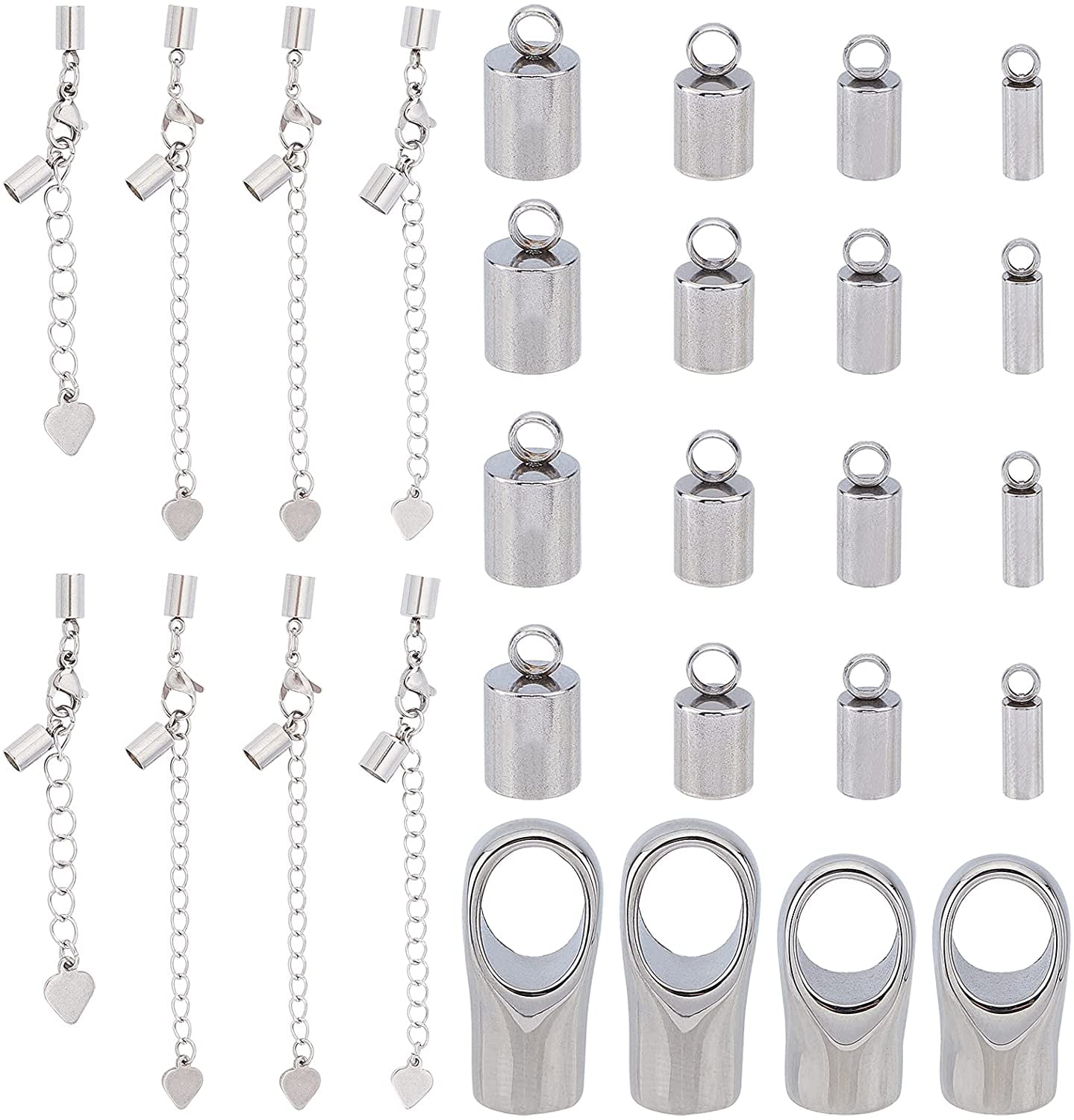 40 Sets 1.14-1.49inches Stainless Steel Cord Ends Hypoallergenic Extender Chain with Lobster Claw Clasps and 130pcs Mixed Sizes Cord Ends Surgical Steel Extension Tails