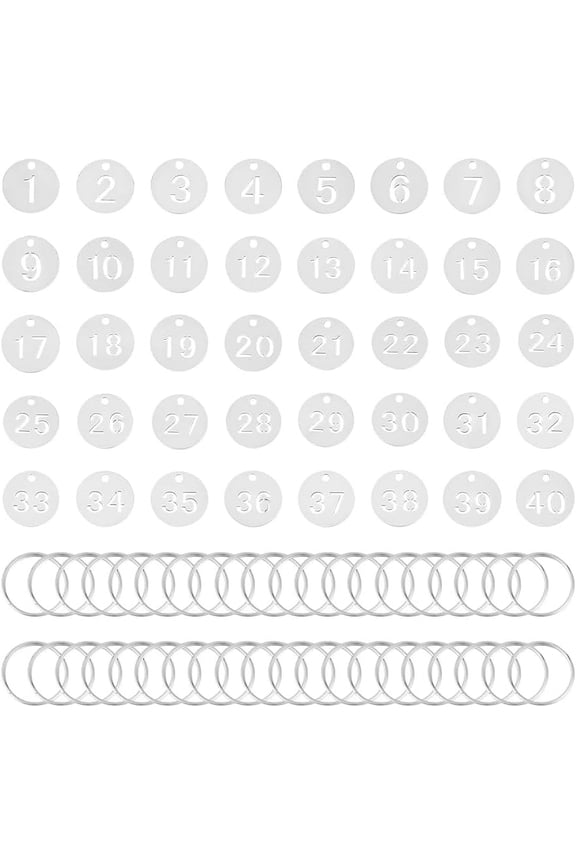 40 Sets 1~40 Key Tags with Labels Stainless Steel Numbered Key Ring Metal Tags 23mm Flat Round Metal ID Tag Number Luggage Marker Identifiers Label for Dormitory Keys House Lockers Silver