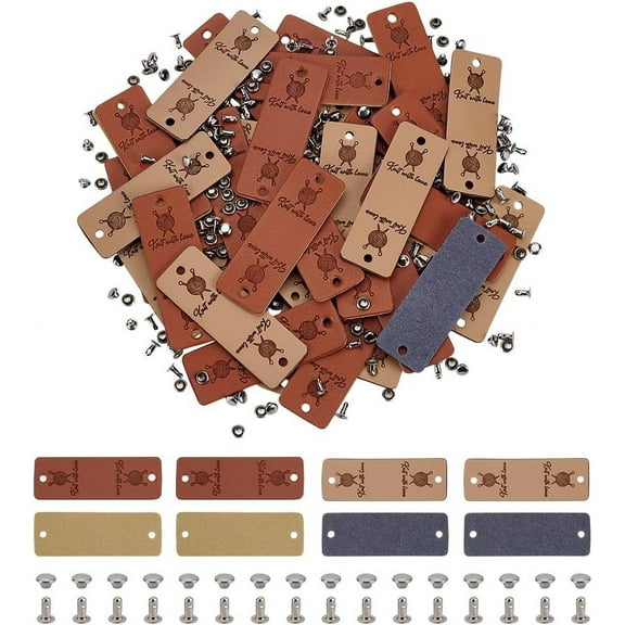 40 Sets 2 Colors PU Leather Clothing Blank Labels with Iron Rivets Rectangle Mixed Color 56.5x19.5x1.5mm Hole: 3mm 20 sets/color