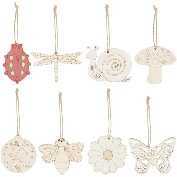 40 Sets 8 Styles Wood Hanging Ornaments Unfinished Wooden Cutouts Woodland Animal Decoration DIY Slices Bird Sunflower Butterfly Craft Pendant Painting Supply with Hemp Rope for Home Decor