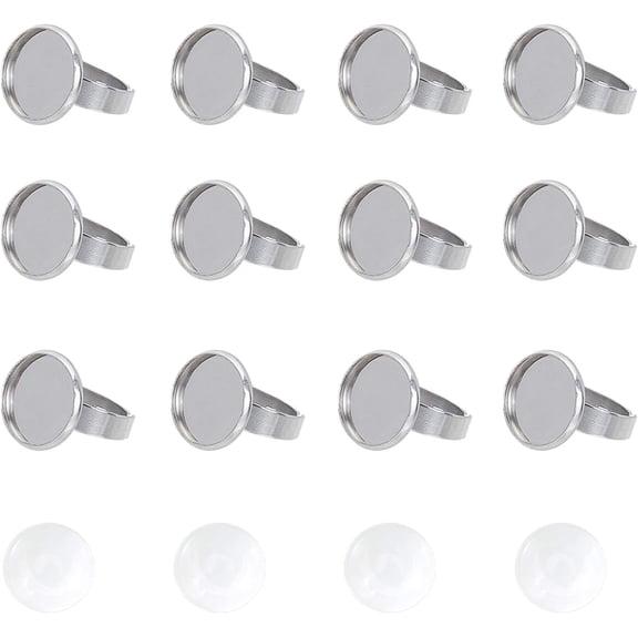 40 Sets Adjustable Ring Making, 14mm Tray Flat Round Cabochon Rings Settings, Finger Ring Base with Transparent Glass Cabochon for Ring Making